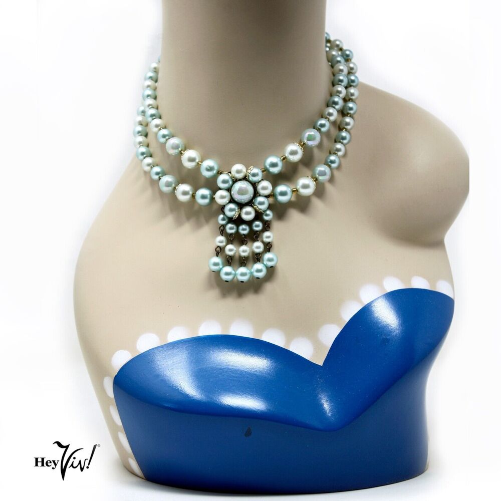 Vintage Japan Double Strand Choker Necklace Blue Bead Fringe Statement - Hey Viv